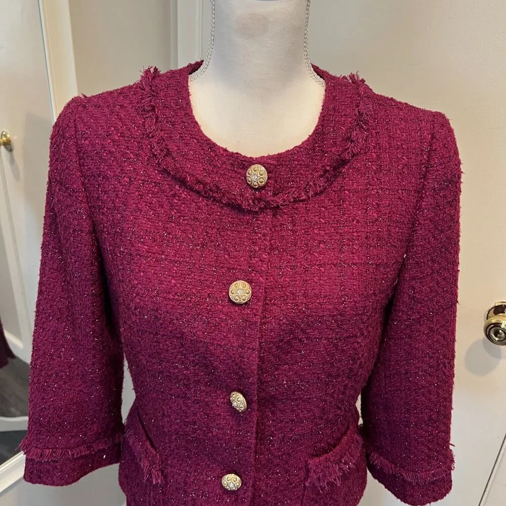 Tahari ASL Magenta Metallic Tweed Skirt Suit with Fringe Detail, Size 10 - Picture 3 of 16